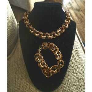Vtg Copper Gold  Colored  Rope Link Chunky Choker And Bracelet  Lever Clasp